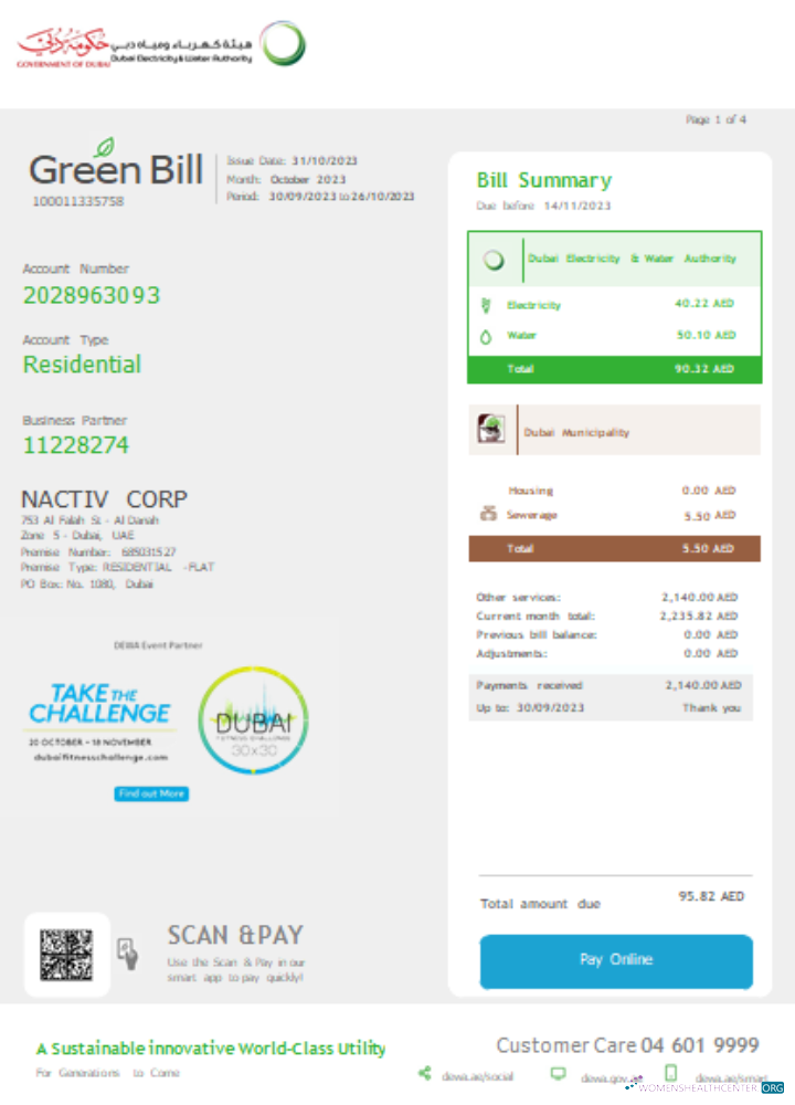 Download Dubai Electricity & Water Authority utility business bill SCR page 1 Photoshop template
